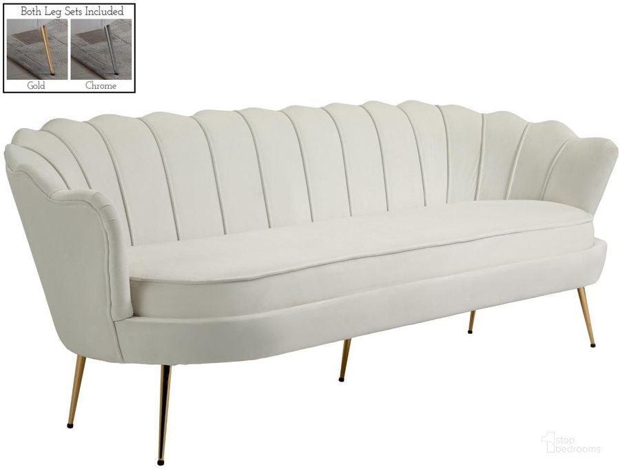 The appearance of Gardenia Cream Sofa designed by Meridian in the modern / contemporary interior design. This cream piece of furniture  was selected by 1StopBedrooms from Gardenia Collection to add a touch of cosiness and style into your home. Sku: 684Cream-S. Product Type: Sofa. Material: Velvet. Image1