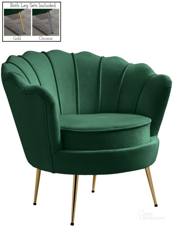 The appearance of Gardenia Green Chair designed by Meridian in the modern / contemporary interior design. This green piece of furniture  was selected by 1StopBedrooms from Gardenia Collection to add a touch of cosiness and style into your home. Sku: 684Green-C. Product Type: Living Room Chair. Material: Velvet. Image1