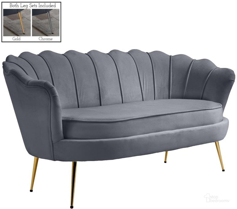 The appearance of Gardenia Grey Loveseat designed by Meridian in the modern / contemporary interior design. This gray piece of furniture  was selected by 1StopBedrooms from Gardenia Collection to add a touch of cosiness and style into your home. Sku: 684Grey-L. Product Type: Loveseat. Material: Velvet. Image1
