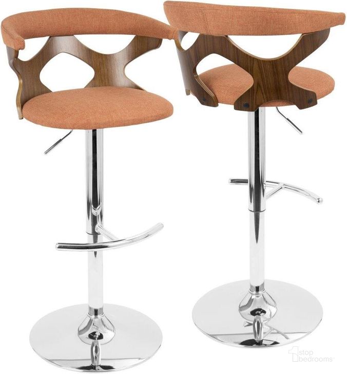 The appearance of Gardenia Mid-Century Modern Adjustable Barstool With Swivel In Walnut And Orange designed by Lumisource in the transitional interior design. This walnut piece of furniture  was selected by 1StopBedrooms from Gardenia Collection to add a touch of cosiness and style into your home. Sku: BS-GARD WL+O. Material: Wood. Product Type: Barstool. Image1