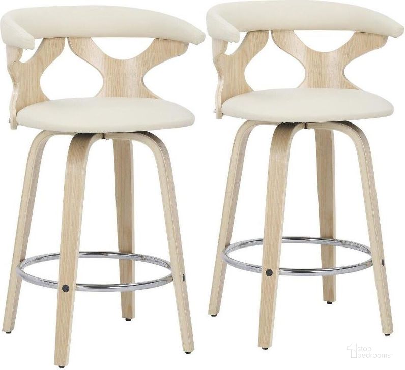 The appearance of Gardenia Mid-Century Modern Counter Stool In Natural Wood And Cream Faux Leather - Set Of 2 designed by Lumisource in the transitional interior design. This natural wood piece of furniture  was selected by 1StopBedrooms from Gardenia Collection to add a touch of cosiness and style into your home. Sku: B26-GARD2-SWVR NACR2. Product Type: Barstool. Material: PU. Image1