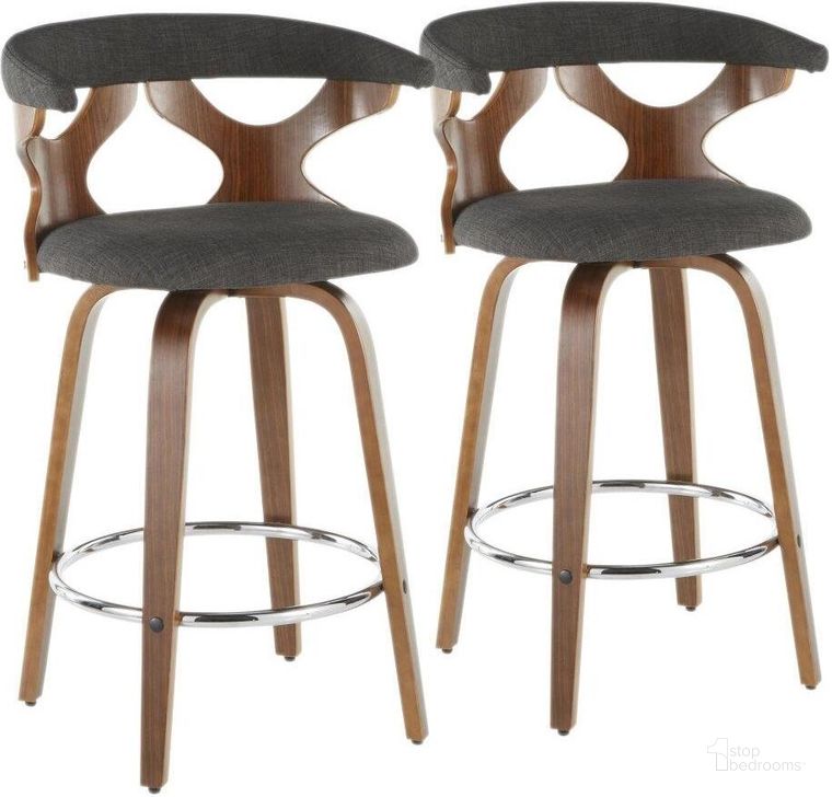 The appearance of Gardenia Mid-Century Modern Counter Stool In Walnut And Charcoal Fabric - Set Of 2 designed by Lumisource in the transitional interior design. This gray piece of furniture  was selected by 1StopBedrooms from Gardenia Collection to add a touch of cosiness and style into your home. Sku: B26-GARD2-SWVR WLCHAR2. Material: Fabric. Product Type: Barstool. Image1