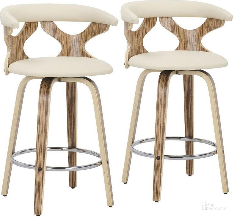 The appearance of Gardenia Mid-Century Modern Counter Stool In Zebra Wood And Cream Faux Leather - Set Of 2 designed by Lumisource in the transitional interior design. This zebra piece of furniture  was selected by 1StopBedrooms from Gardenia Collection to add a touch of cosiness and style into your home. Sku: B26-GARD2-SWVR ZBCR2. Product Type: Barstool. Material: PU. Image1