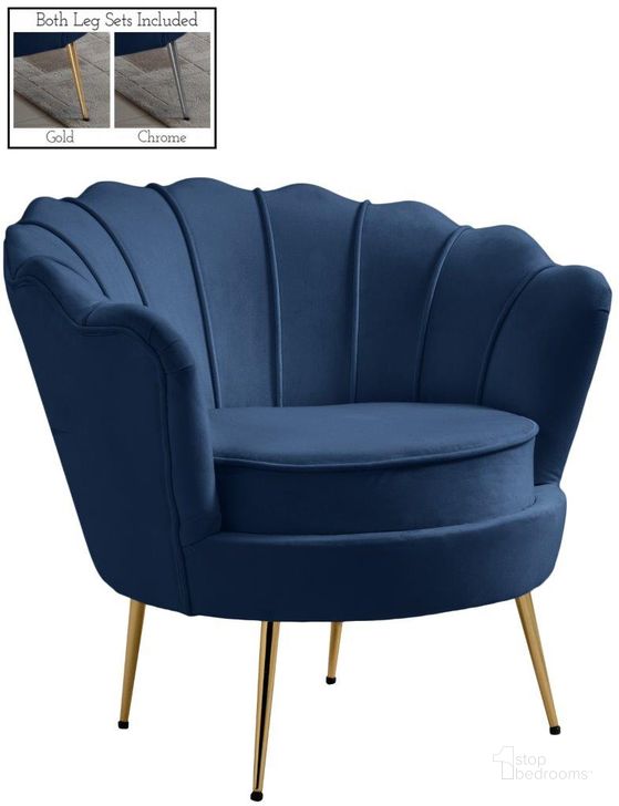 The appearance of Gardenia Navy Chair designed by Meridian in the modern / contemporary interior design. This navy piece of furniture  was selected by 1StopBedrooms from Gardenia Collection to add a touch of cosiness and style into your home. Sku: 684Navy-C. Product Type: Living Room Chair. Material: Velvet. Image1