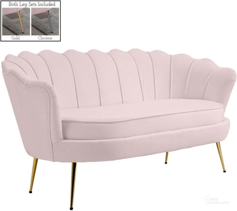 The appearance of Gardenia Pink Loveseat designed by Meridian in the modern / contemporary interior design. This pink piece of furniture  was selected by 1StopBedrooms from Gardenia Collection to add a touch of cosiness and style into your home. Sku: 684Pink-L. Product Type: Loveseat. Material: Velvet. Image1