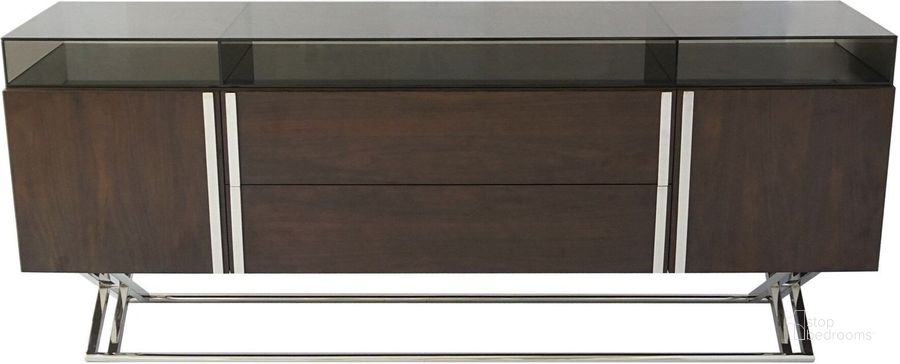 The appearance of Gatsby Black Walnut Veneer And Stainless Steel Sideboard designed by Bellini Modern Living in the transitional interior design. This brown piece of furniture  was selected by 1StopBedrooms from Gatsby Collection to add a touch of cosiness and style into your home. Sku: Gatsby SB. Product Type: Sideboard. Image1