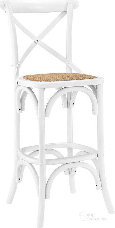 The appearance of Gear Bar Stool In White designed by Modway in the  interior design. This white piece of furniture  was selected by 1StopBedrooms from Gear Collection to add a touch of cosiness and style into your home. Sku: EEI-1540-WHI. Material: Rattan. Product Type: Barstool. Image1