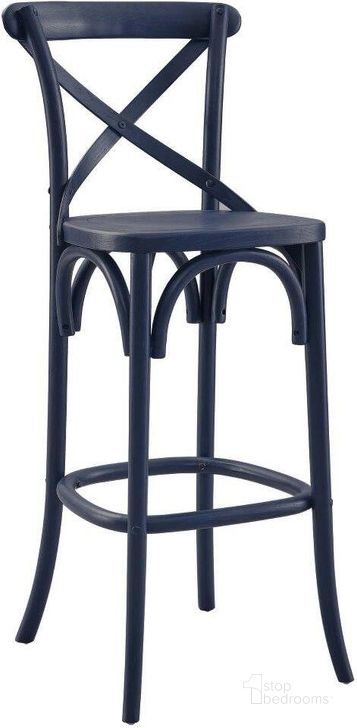 The appearance of Gear Midnight Blue Bar Stool EEI-5563-MID designed by Modway in the modern / contemporary interior design. This midnight blue piece of furniture  was selected by 1StopBedrooms from Gear Collection to add a touch of cosiness and style into your home. Sku: EEI-5563-MID. Material: Wood. Product Type: Barstool. Image1