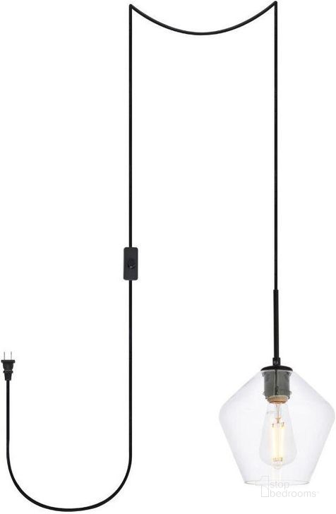 The appearance of Gene 1 Light Black And Clear Glass Plug-In Pendant designed by Elegant Lighting in the transitional interior design. This black piece of furniture  was selected by 1StopBedrooms from Gene Collection to add a touch of cosiness and style into your home. Sku: LDPG2256BK. Product Type: Pendant Lighting. Material: Iron. Image1
