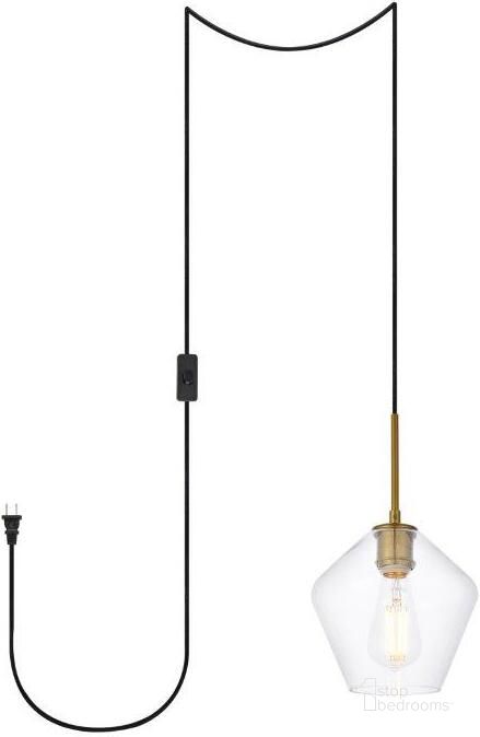 The appearance of Gene 1 Light Brass And Clear Glass Plug-In Pendant designed by Elegant Lighting in the transitional interior design. This brass piece of furniture  was selected by 1StopBedrooms from Gene Collection to add a touch of cosiness and style into your home. Sku: LDPG2256BR. Product Type: Pendant Lighting. Material: Iron. Image1