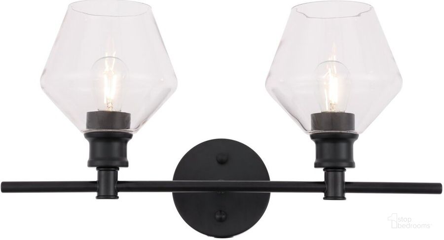 The appearance of Gene 2 Light Black And Clear Glass Wall Sconce designed by Elegant Lighting in the industrial interior design. This black piece of furniture  was selected by 1StopBedrooms from Gene Collection to add a touch of cosiness and style into your home. Sku: LD2312BK. Product Type: Wall Sconce. Material: Iron. Image1