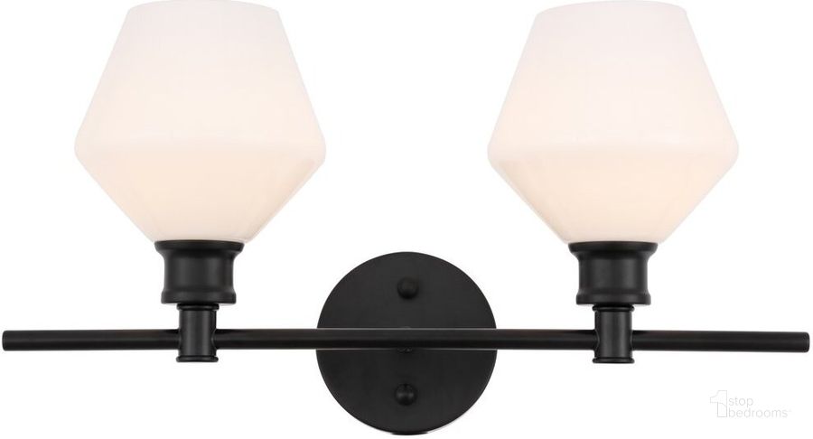 The appearance of Gene 2 Light Black And Frosted White Glass Wall Sconce designed by Elegant Lighting in the industrial interior design. This black piece of furniture  was selected by 1StopBedrooms from Gene Collection to add a touch of cosiness and style into your home. Sku: LD2313BK. Product Type: Wall Sconce. Material: Iron. Image1