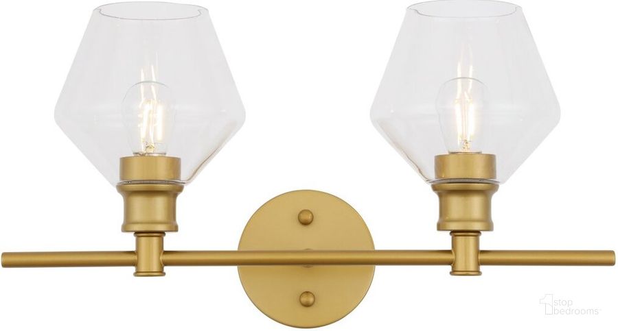 The appearance of Gene 2 Light Brass And Clear Glass Wall Sconce designed by Elegant Lighting in the industrial interior design. This brass piece of furniture  was selected by 1StopBedrooms from Gene Collection to add a touch of cosiness and style into your home. Sku: LD2312BR. Product Type: Wall Sconce. Material: Iron. Image1