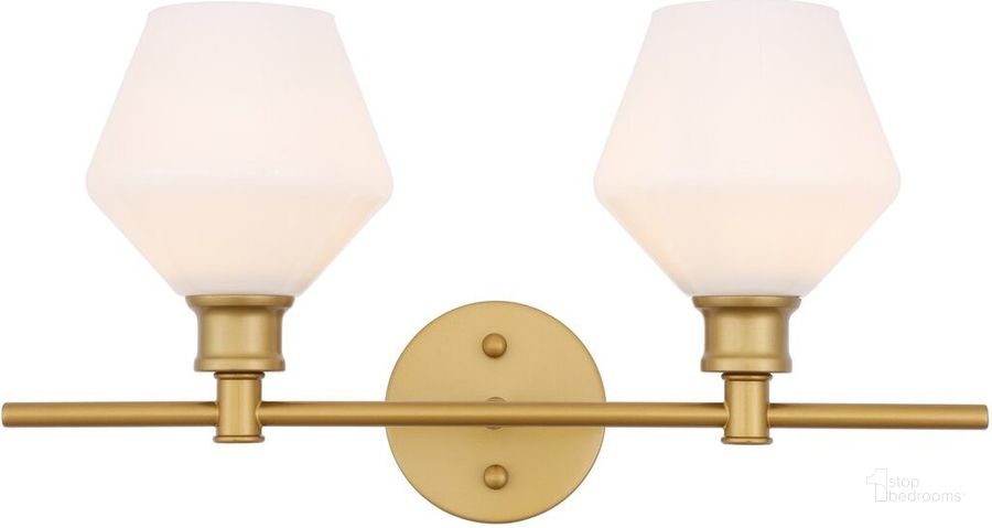 The appearance of Gene 2 Light Brass And Frosted White Glass Wall Sconce designed by Elegant Lighting in the industrial interior design. This brass piece of furniture  was selected by 1StopBedrooms from Gene Collection to add a touch of cosiness and style into your home. Sku: LD2313BR. Product Type: Wall Sconce. Material: Iron. Image1