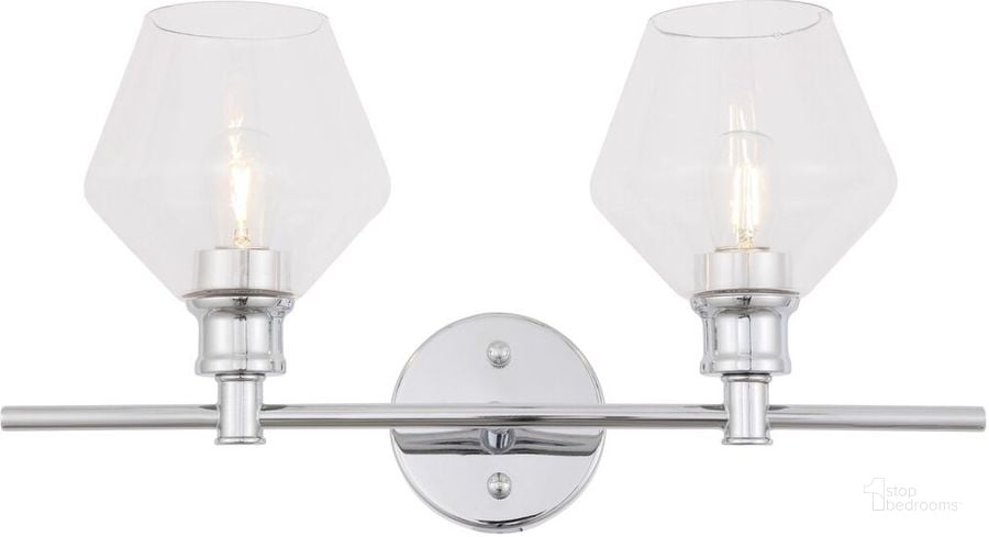 The appearance of Gene 2 Light Chrome And Clear Glass Wall Sconce designed by Elegant Lighting in the industrial interior design. This chrome piece of furniture  was selected by 1StopBedrooms from Gene Collection to add a touch of cosiness and style into your home. Sku: LD2312C. Product Type: Wall Sconce. Material: Iron. Image1