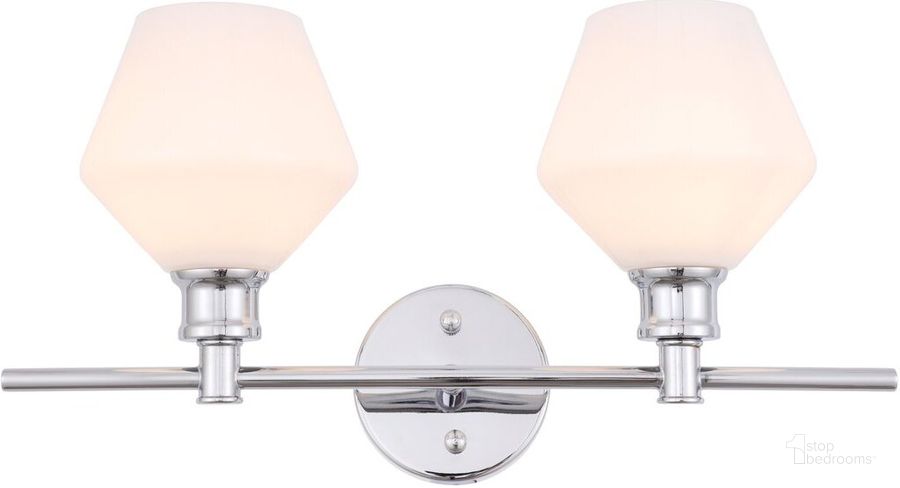 The appearance of Gene 2 Light Chrome And Frosted White Glass Wall Sconce designed by Elegant Lighting in the industrial interior design. This chrome piece of furniture  was selected by 1StopBedrooms from Gene Collection to add a touch of cosiness and style into your home. Sku: LD2313C. Product Type: Wall Sconce. Material: Iron. Image1