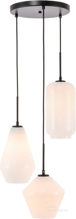 The appearance of Gene 3 Light Black And Frosted White Glass Pendant LD2269BK designed by Elegant Lighting in the industrial interior design. This black piece of furniture  was selected by 1StopBedrooms from Gene Collection to add a touch of cosiness and style into your home. Sku: LD2269BK. Product Type: Pendant Lighting. Material: Iron. Image1