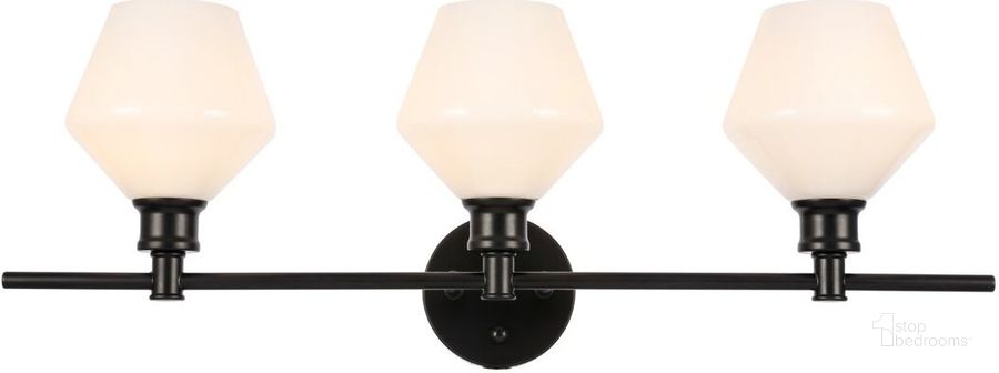 The appearance of Gene 3 Light Black And Frosted White Glass Wall Sconce designed by Elegant Lighting in the industrial interior design. This black piece of furniture  was selected by 1StopBedrooms from Gene Collection to add a touch of cosiness and style into your home. Sku: LD2317BK. Product Type: Wall Sconce. Material: Iron. Image1