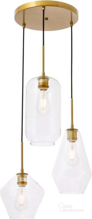 The appearance of Gene 3 Light Brass And Clear Glass Pendant designed by Elegant Lighting in the industrial interior design. This brass piece of furniture  was selected by 1StopBedrooms from Gene Collection to add a touch of cosiness and style into your home. Sku: LD2268BR. Product Type: Pendant Lighting. Material: Iron. Image1