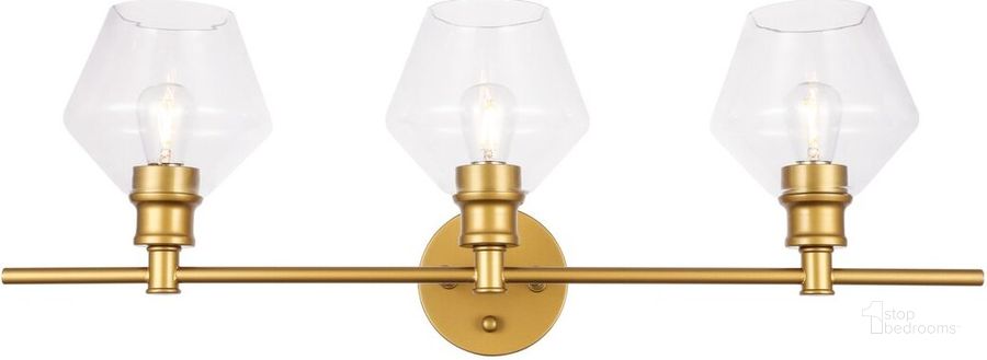 The appearance of Gene 3 Light Brass And Clear Glass Wall Sconce designed by Elegant Lighting in the industrial interior design. This brass piece of furniture  was selected by 1StopBedrooms from Gene Collection to add a touch of cosiness and style into your home. Sku: LD2316BR. Product Type: Wall Sconce. Material: Iron. Image1