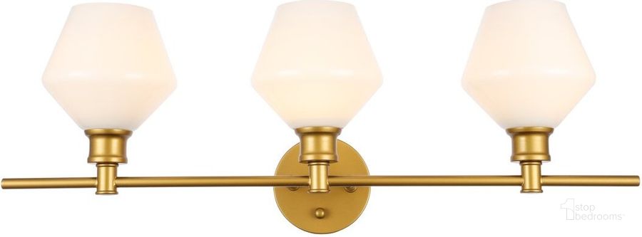 The appearance of Gene 3 Light Brass And Frosted White Glass Wall Sconce designed by Elegant Lighting in the industrial interior design. This brass piece of furniture  was selected by 1StopBedrooms from Gene Collection to add a touch of cosiness and style into your home. Sku: LD2317BR. Product Type: Wall Sconce. Material: Iron. Image1