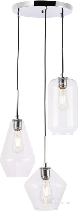 The appearance of Gene 3 Light Chrome And Clear Glass Pendant designed by Elegant Lighting in the industrial interior design. This chrome piece of furniture  was selected by 1StopBedrooms from Gene Collection to add a touch of cosiness and style into your home. Sku: LD2268C. Product Type: Pendant Lighting. Material: Iron. Image1
