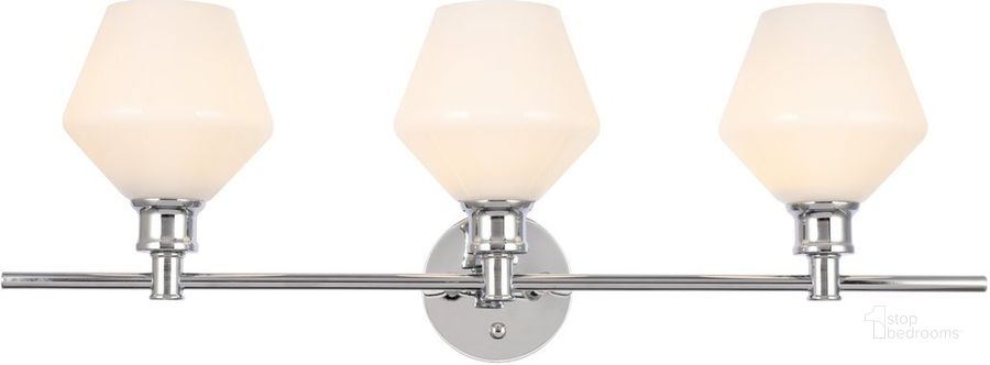 The appearance of Gene 3 Light Chrome And Frosted White Glass Wall Sconce designed by Elegant Lighting in the industrial interior design. This chrome piece of furniture  was selected by 1StopBedrooms from Gene Collection to add a touch of cosiness and style into your home. Sku: LD2317C. Product Type: Wall Sconce. Material: Iron. Image1