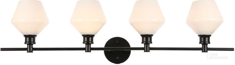 The appearance of Gene 4 Light Black And Frosted White Glass Wall Sconce designed by Elegant Lighting in the industrial interior design. This black piece of furniture  was selected by 1StopBedrooms from Gene Collection to add a touch of cosiness and style into your home. Sku: LD2321BK. Product Type: Wall Sconce. Material: Iron. Image1