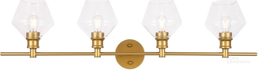 The appearance of Gene 4 Light Brass And Clear Glass Wall Sconce designed by Elegant Lighting in the industrial interior design. This brass piece of furniture  was selected by 1StopBedrooms from Gene Collection to add a touch of cosiness and style into your home. Sku: LD2320BR. Product Type: Wall Sconce. Material: Iron. Image1