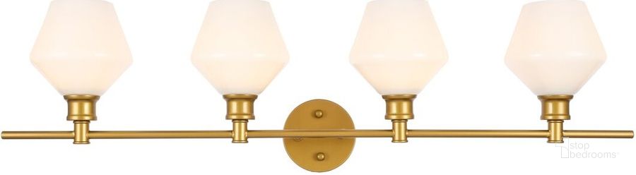 The appearance of Gene 4 Light Brass And Frosted White Glass Wall Sconce designed by Elegant Lighting in the industrial interior design. This brass piece of furniture  was selected by 1StopBedrooms from Gene Collection to add a touch of cosiness and style into your home. Sku: LD2321BR. Product Type: Wall Sconce. Material: Iron. Image1