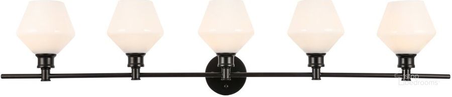 The appearance of Gene 5 Light Black And Frosted White Glass Wall Sconce designed by Elegant Lighting in the industrial interior design. This black piece of furniture  was selected by 1StopBedrooms from Gene Collection to add a touch of cosiness and style into your home. Sku: LD2325BK. Product Type: Wall Sconce. Material: Iron. Image1