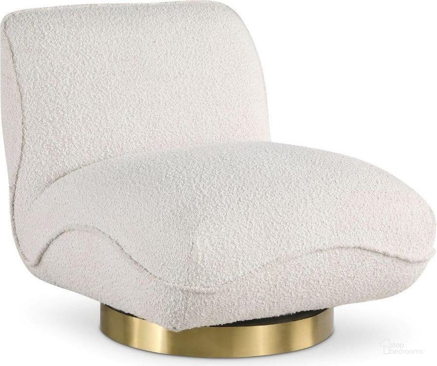 The appearance of Geneva Cream Boucle Fabric Swivel Accent Chair designed by Meridian in the modern / contemporary interior design. This cream piece of furniture  was selected by 1StopBedrooms from Geneva Collection to add a touch of cosiness and style into your home. Sku: 492Cream. Material: Wood. Product Type: Accent Chair. Image1