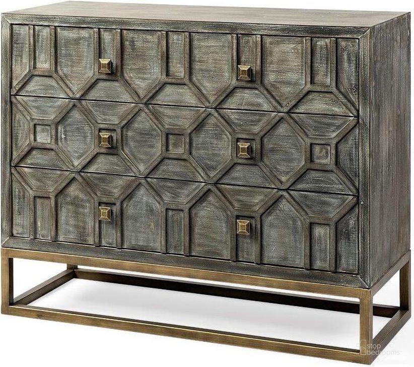 The appearance of Genevieve I Gray Fir Veneer And Metal Base 3 Drawer Accent Cabinet designed by Mercana in the industrial interior design. This grey and gold piece of furniture  was selected by 1StopBedrooms from Genevieve Collection to add a touch of cosiness and style into your home. Sku: 68115. Material: Wood. Product Type: Accent Cabinet. Image1