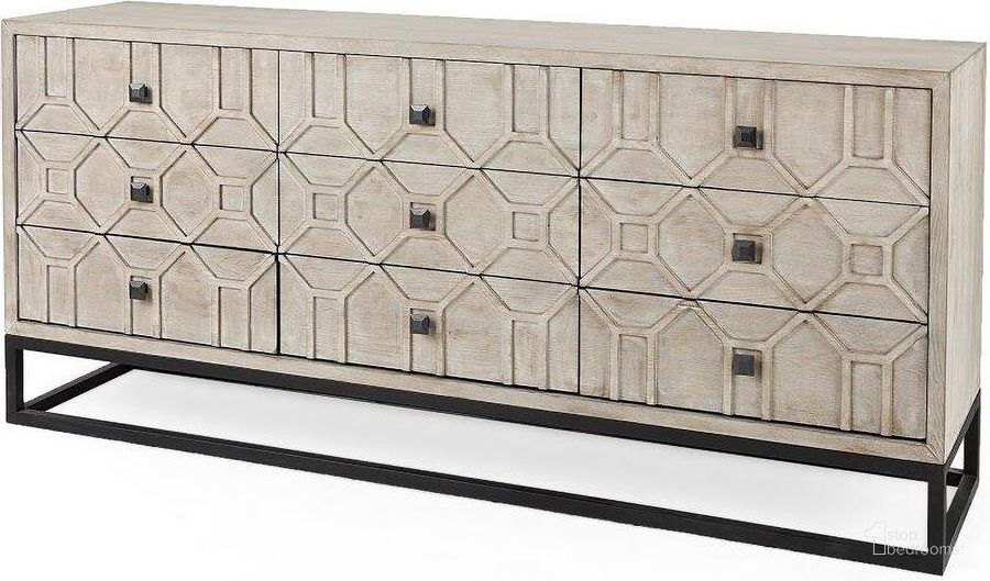 The appearance of Genevieve Ii Light Brown Fir Veneer 9 Drawer Sideboard designed by Mercana in the modern / contemporary interior design. This black and brown piece of furniture  was selected by 1StopBedrooms from Genevieve Collection to add a touch of cosiness and style into your home. Sku: 69376. Material: Wood. Product Type: Sideboard. Image1