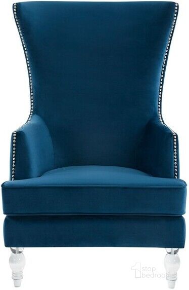 The appearance of Geode Modern Wingback Chair In Navy designed by Safavieh Couture in the modern / contemporary interior design. This navy piece of furniture  was selected by 1StopBedrooms from Geode Collection to add a touch of cosiness and style into your home. Sku: SFV4745D. Material: Wood. Product Type: Accent Chair. Image1