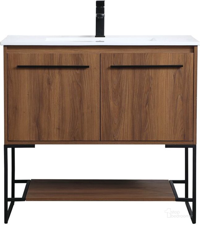 The appearance of Gerard 36 Inch Single Bathroom Vanity In Walnut Brown designed by Elegant Lighting in the transitional interior design. This walnut brown piece of furniture  was selected by 1StopBedrooms from Gerard Collection to add a touch of cosiness and style into your home. Sku: VF42036WB. Material: MDF. Product Type: Bathroom Vanity. Image1