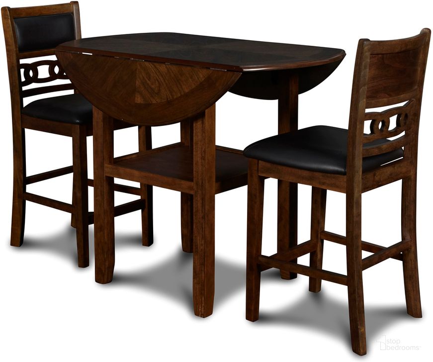 The appearance of Gia Brown 3 Piece 42 Inch Drop Leaf Counter Height Dining Set designed by New Classic in the transitional interior design. This brown piece of furniture  was selected by 1StopBedrooms from Gia Collection to add a touch of cosiness and style into your home. Sku: D1701-42S-BRN. Product Type: Dining Room Set. Image1