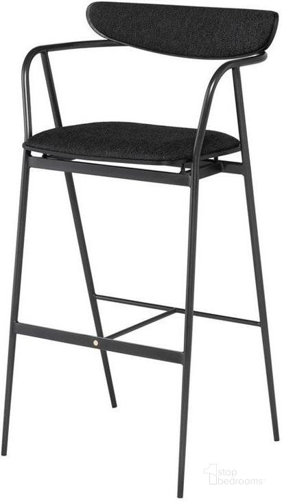 The appearance of Gianni Bar Stool In Activated Charcoal designed by Nuevo in the modern / contemporary interior design. This charcoal piece of furniture  was selected by 1StopBedrooms from Gianni Collection to add a touch of cosiness and style into your home. Sku: HGSR803. Material: Fabric. Product Type: Barstool. Image1