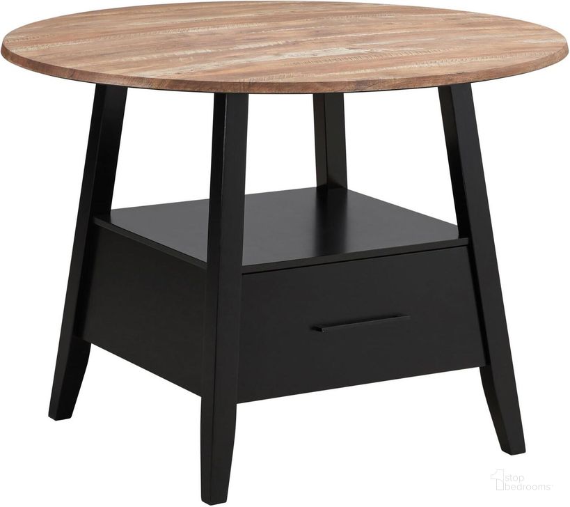 The appearance of Gibson 1-Drawer Round Counter Height Table Yukon Oak and Black designed by Coaster in the modern / contemporary interior design. This black piece of furniture  was selected by 1StopBedrooms from Gibson Collection to add a touch of cosiness and style into your home. Sku: 115158B1;115158B2. Table Top Shape: Round. Product Type: Counter Height Table. Material: Laminate. Size: 50". Image1