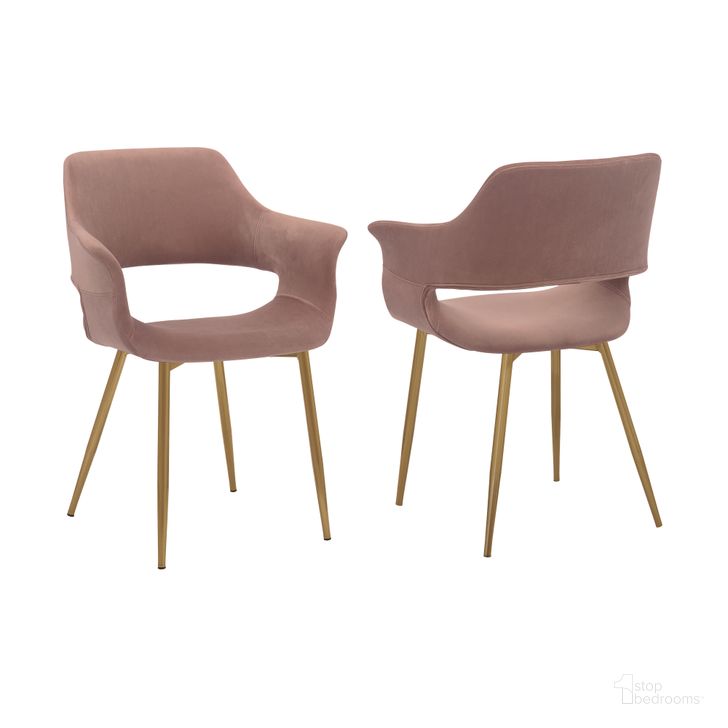 The appearance of Gigi Pink Velvet Dining Room Chair Set of 2 with Gold Metal Legs designed by Armen Living in the glam interior design. This pink and gold piece of furniture  was selected by 1StopBedrooms from Gigi Collection to add a touch of cosiness and style into your home. Sku: LCGICHPINK. Material: Wood. Product Type: Dining Chair. Image1