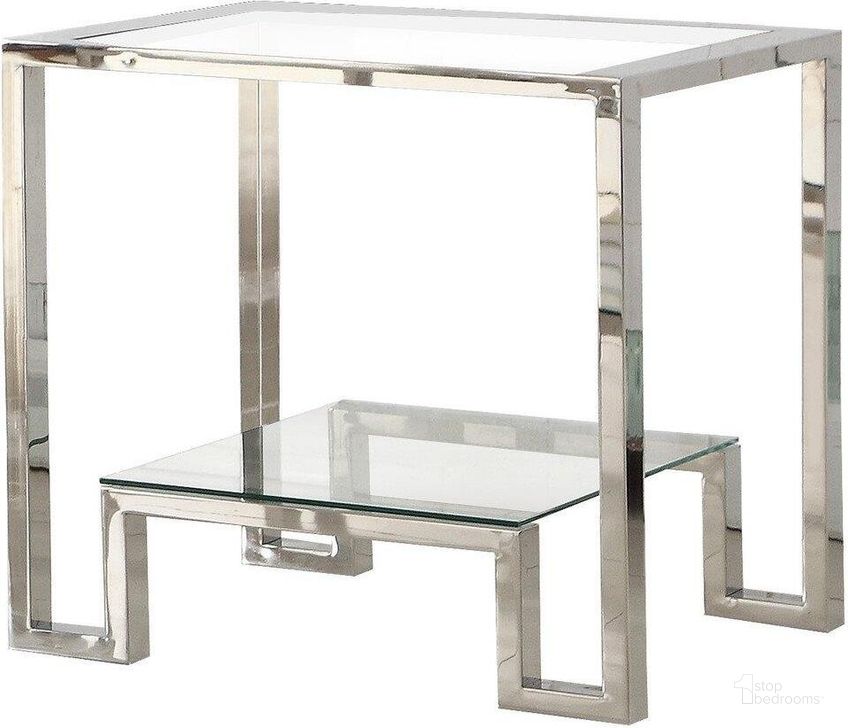 The appearance of Glacier Point Glass And Stainless Steel End Table In Silver designed by Best Master Furniture in the modern / contemporary interior design. This silver piece of furniture  was selected by 1StopBedrooms from Glacier Collection to add a touch of cosiness and style into your home. Sku: GW121E. Material: Glass. Product Type: End Table. Image1