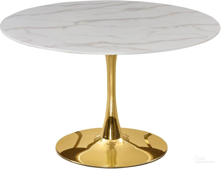 The appearance of Glastry Gold Dining Table 0qb24200979 designed by Furnique in the modern / contemporary interior design. This gold piece of furniture  was selected by 1StopBedrooms from Glastry Collection to add a touch of cosiness and style into your home. Sku: 975-T-1;975-T-2;975-T-3. Table Base Style: Pedestal. Table Top Shape: Round. Product Type: Dining Table. Material: Metal/Glass. Size: 48". Image1