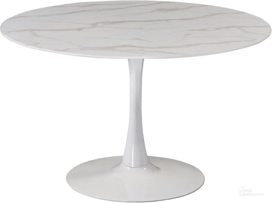 The appearance of Glastry White Dining Table 0qb24200982 designed by Furnique in the modern / contemporary interior design. This white piece of furniture  was selected by 1StopBedrooms from Glastry Collection to add a touch of cosiness and style into your home. Sku: 978-T-1;978-T-2;978-T-3. Table Base Style: Pedestal. Table Top Shape: Round. Product Type: Dining Table. Material: Metal/Glass. Size: 48". Image1