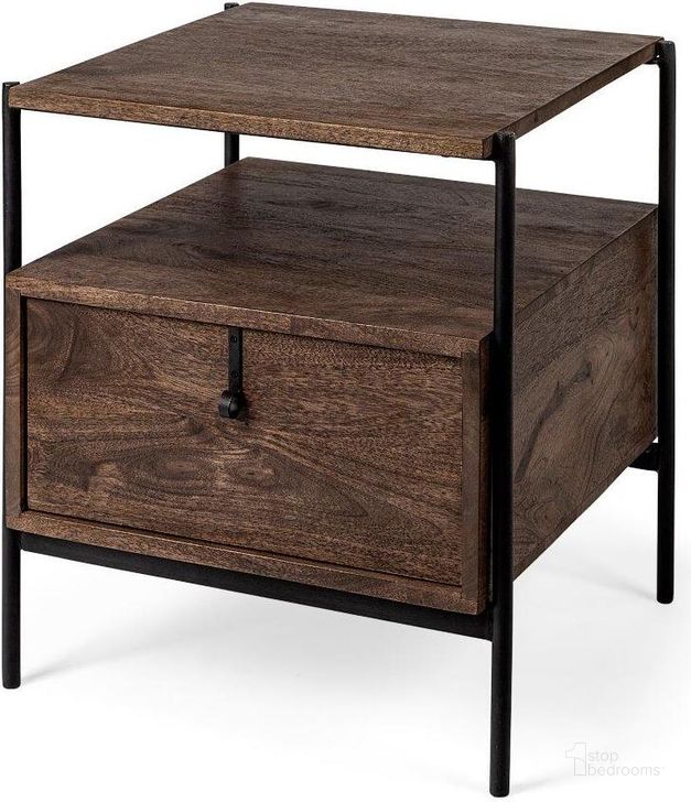 The appearance of Glenn I Dark Brown Wood With Black Iron Frame Square Side Table designed by Mercana in the modern / contemporary interior design. This dark brown and black piece of furniture  was selected by 1StopBedrooms from Glenn Collection to add a touch of cosiness and style into your home. Sku: 69015. Material: Wood. Product Type: Side Table. Image1