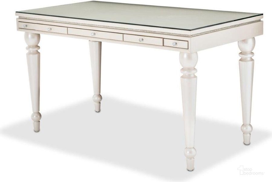The appearance of Glimmering Heights Writing Desk with Glass Top In Ivory designed by AICO in the glam interior design. This ivory piece of furniture  was selected by 1StopBedrooms from Glimmering Heights Collection to add a touch of cosiness and style into your home. Sku: 9011277-111;9000217-000. Material: Wood. Product Type: Writing Desk. Image1