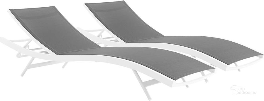 The appearance of Glimpse Outdoor Patio Mesh Chaise Lounge Set of 2 EEI-4038-WHI-GRY designed by Modway in the modern / contemporary interior design. This white and gray piece of furniture  was selected by 1StopBedrooms from Glimpse Collection to add a touch of cosiness and style into your home. Sku: EEI-4038-WHI-GRY. Material: Aluminum. Product Type: Outdoor Chaise Lounge. Image1