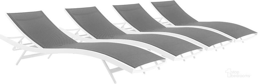 The appearance of Glimpse Outdoor Patio Mesh Chaise Lounge Set of 4 EEI-4039-WHI-GRY designed by Modway in the modern / contemporary interior design. This white and gray piece of furniture  was selected by 1StopBedrooms from Glimpse Collection to add a touch of cosiness and style into your home. Sku: EEI-4039-WHI-GRY. Material: Aluminum. Product Type: Outdoor Chaise Lounge. Image1