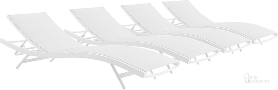 The appearance of Glimpse Outdoor Patio Mesh Chaise Lounge Set of 4 EEI-4039-WHI-WHI designed by Modway in the modern / contemporary interior design. This gray piece of furniture  was selected by 1StopBedrooms from Glimpse Collection to add a touch of cosiness and style into your home. Sku: EEI-4039-WHI-WHI. Material: Aluminum. Product Type: Outdoor Chaise Lounge. Image1