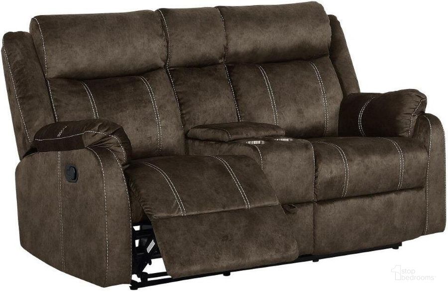 The appearance of Console Reclining Loveseat With Drawer designed by Global Furniture USA in the traditional interior design. This brown piece of furniture  was selected by 1StopBedrooms from U7303C Collection to add a touch of cosiness and style into your home. Sku: U7303C-DOMINO COFFEE-CRLS W/DRAWER. Material: Wood. Product Type: Loveseat. Image1