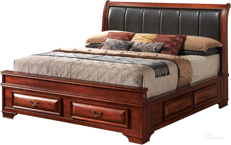 The appearance of Glory Furniture G8850 King Upholstered Bed w/ Six Drawers in Cherry designed by Glory in the traditional interior design. This cherry piece of furniture  was selected by 1StopBedrooms from G8850 Collection to add a touch of cosiness and style into your home. Sku: G8850C-KB3-King Bed  Headboard;G8850C-KB3-King Storage Bed  Footboard;G8850C-KB3-King Storage Bed  Rails;G8850C-KB3-King Storage Bed  Drawers for Rails;G8850C-KB3-King Storage Bed  Drawers for Rails;G8850C-KB3-King Storage Bed  Drawers for Footboard. Bed Type: Storage Bed. Material: Leather. Product Type: Storage Bed. Bed Size: King. Image1
